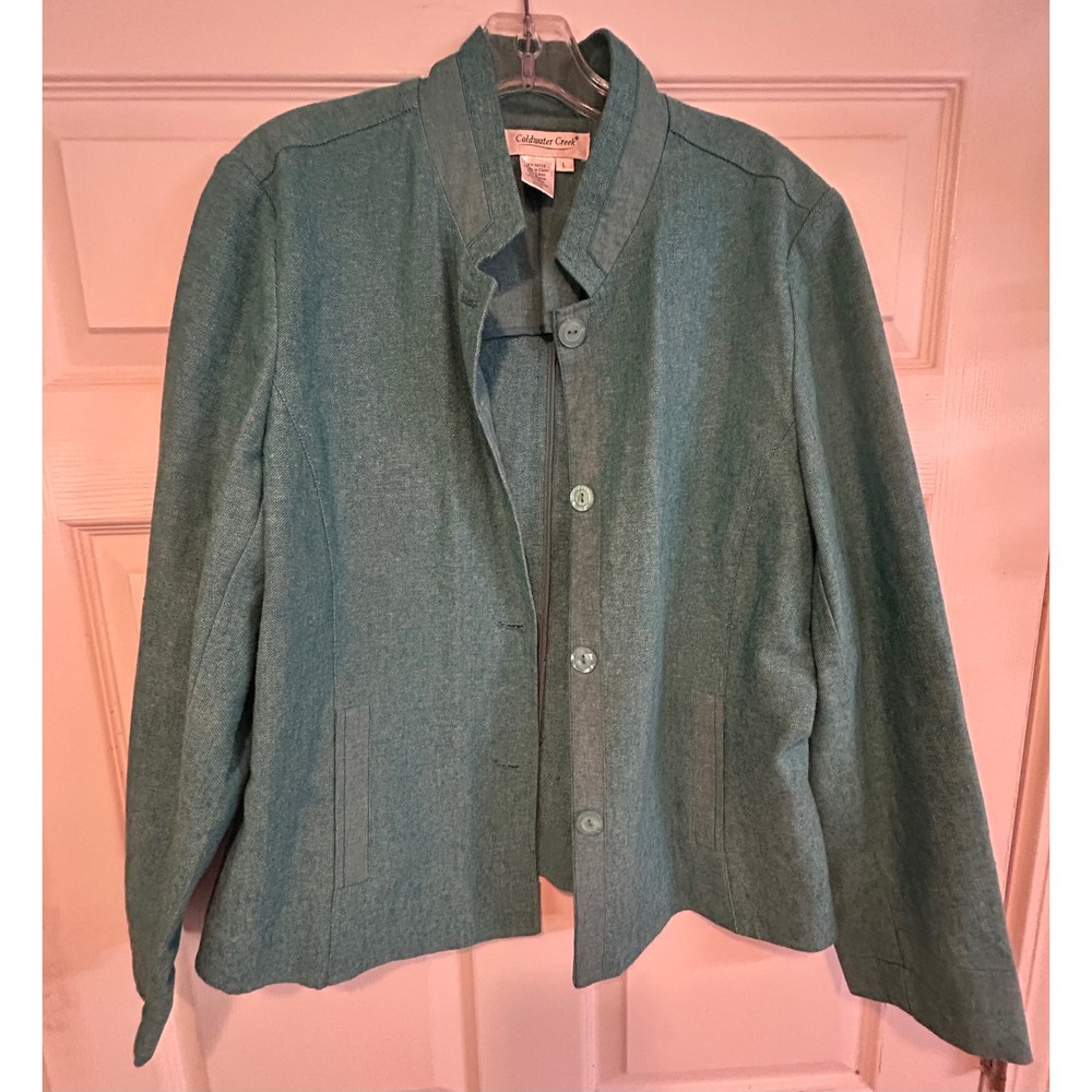 Coldwater Creek Teal Linen Blend Mandarin Collar Button Front Jacket Womens L